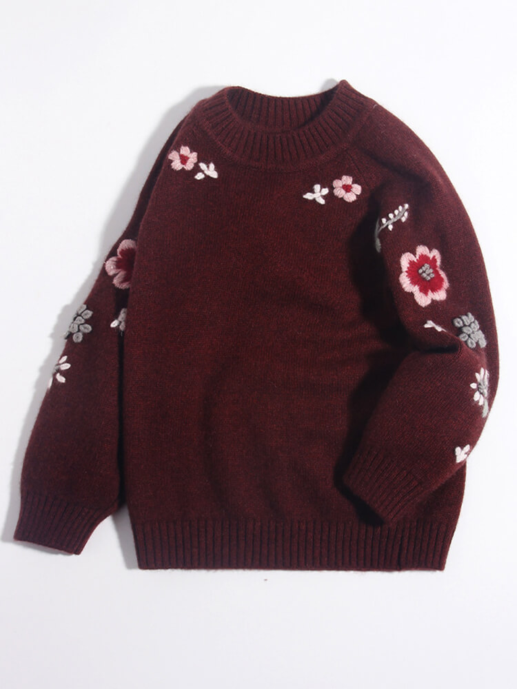 Kids Burgundy Floral Embroidered Cashmere Pullover Sweater